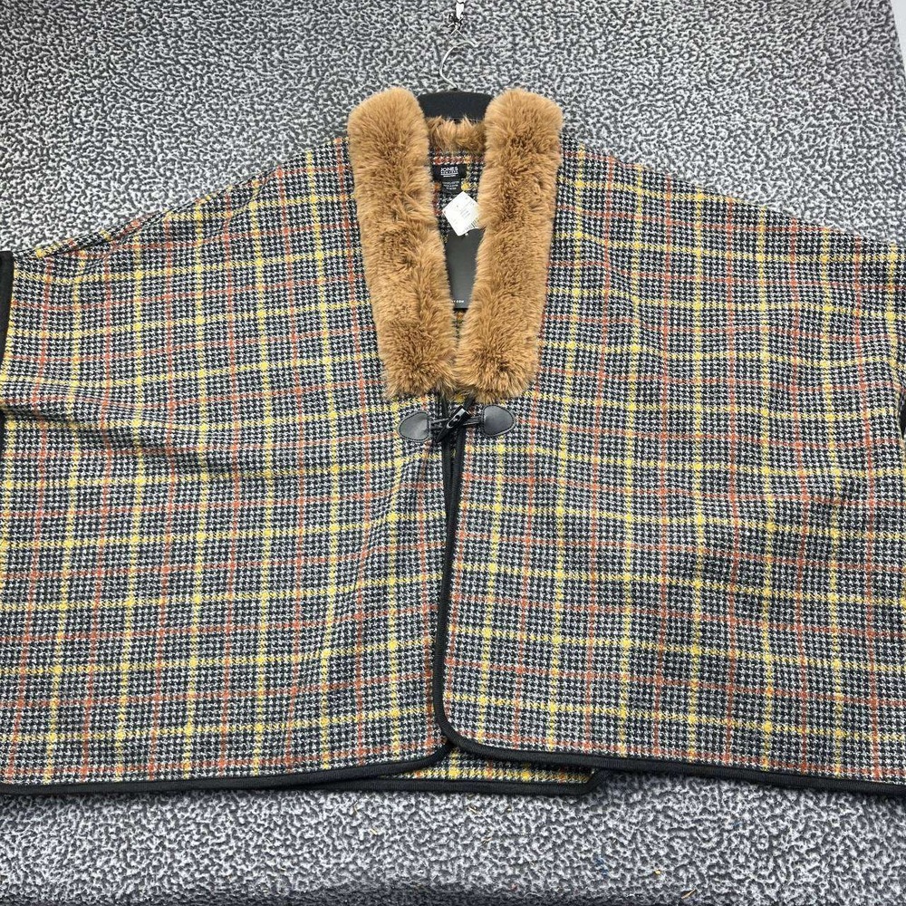 Jones New York Signature Poncho Wrap Cape One Size Black Yellow Faux Fur Plaid